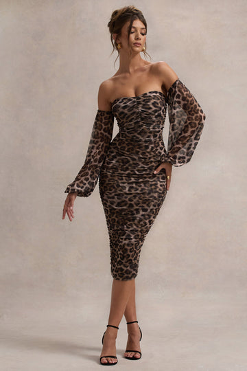 Rica Leopard Print Bardot Puff-Sleeve Midi Dress